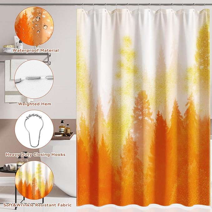 Orange and Gold Bathroom Accessories, Bathroom Sets with Shower Curtain and Rugs, Bath Rugs Accessory Set with Bathroom Trash Can, Soap Dispenser, Soap Dish for Home Decor