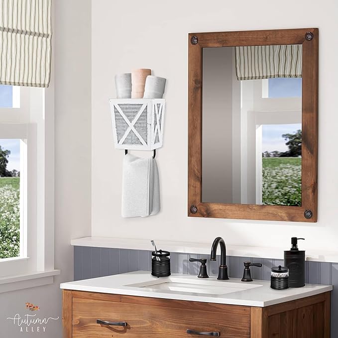 Autumn Alley Farmhouse Decor Rustic Hand Towel Holder - Farmhouse Towel For Bathroom Wall, For Kitchen Wall With Wooden Storage Add Charm to Your Rustic Bathroom Hand Towel Rack and Shelf Decor, White