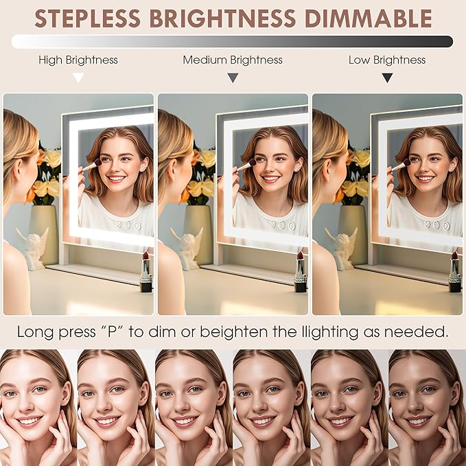 Vanity Mirror with Lights, LED Makeup Mirror, Light Up Vanity Mirror with 3 Colors Dimmable Strip Light, Dimming Touch Sensor, Detachable 15X Spot Magnifying, 360 Rotation (White)