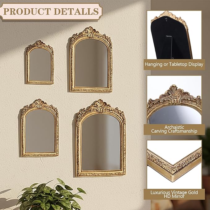 Thyle 4 Pcs Vintage Gold Antique Mirror Set Arch Retro Resin Baroque Decorative Makeup Mirror Square Hanging Wall Desk Tabletop Room Bedroom Bathroom Gallery (13x9 10x7 8x5 7x4)(Light Color)