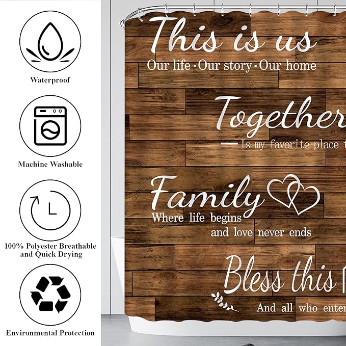 juwute 4Pcs Family Shower Curtain Sets with Non-Slip Rugs, Toilet Lid Cover and Bath Mat, Brown Home Bathroom Decor Set Accessories Waterproof Shower Curtains with 12 Hooks, 72 x 72 Inch