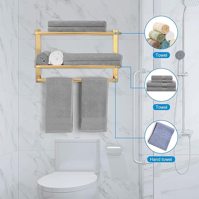 Towel Rack for Bathroom, DEWVIE 23 Inch Tower Holder with Tower Bars, SUS 304 Stainless Steel Lavatory Bath Towel Shelf Towel Hanger Wall Mount, 3-Tier (Brushed Gold)