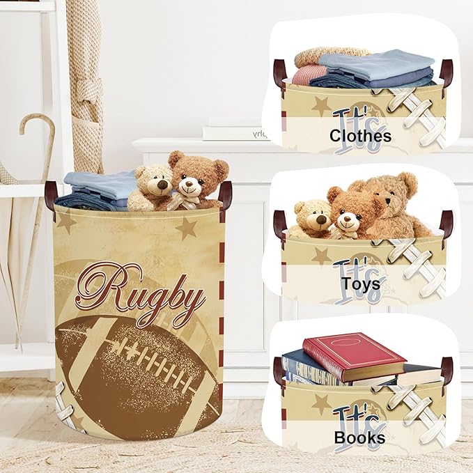 Sports Balls Laundry Hamper Collapsible Clothes Storage Basket Large Laundry Basket for Parent Bathroom/Bedroom, Rugby, 63L