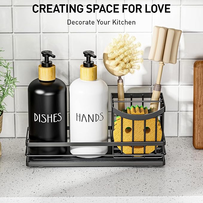 Moforoco Kitchen Dish Soap Dispenser Set, 16OZ Glass Bottle, Hand and Dish Soap Dispenser Set, Instant Dry Tray, Non-Slip Silicone Pad, Brush Holder with Sponge Holder, Kitchen Decor