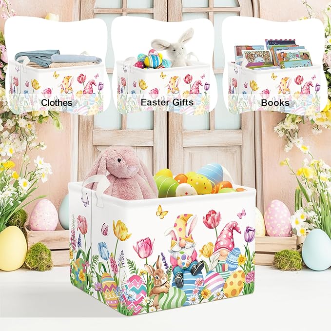 Clastyle Large Egg Rabbit Easter Basket Stuffers Butterfly Tulips Baby Gift Basket Empty Toy Nursery Bin Collapsible Spring Flower Clothes Storage Organizer for Bedroom,Gnome,40x30x30 cm