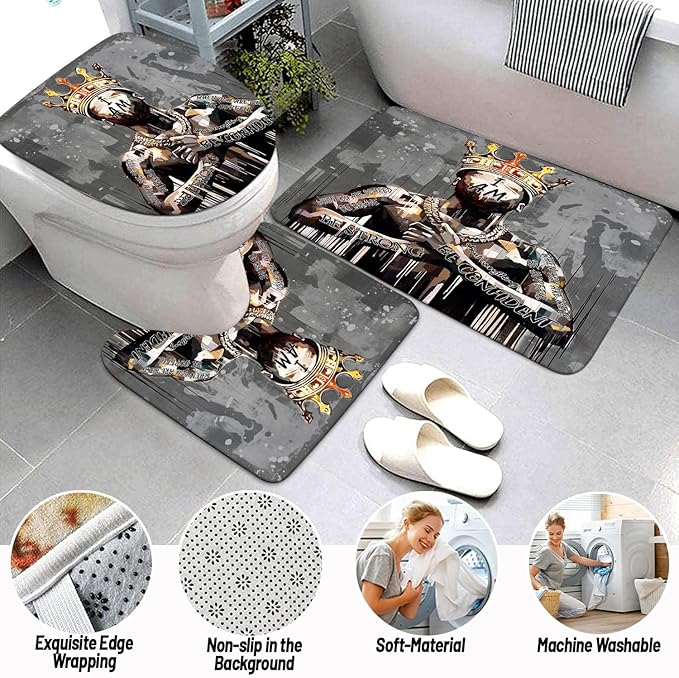 Black King Shower Curtain Set with Hooks, Powerful African American Praying Man Shower Curtains with Rugs Toilet Lid Cover Bath Mat, Cool Black Man Waterproof Bathroom Decor Shower Curtain Sets