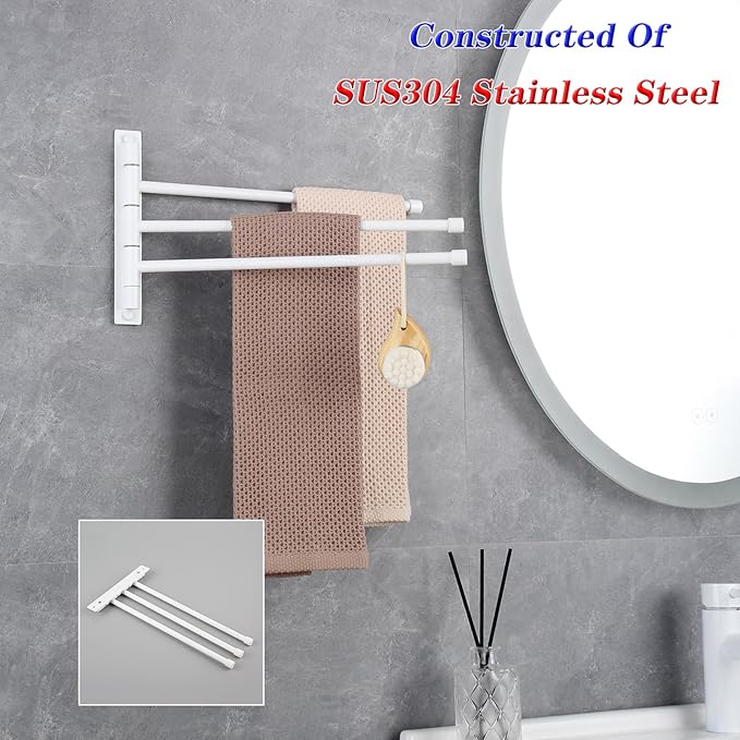 GERZWY Bathroom Hand Towel Rack 3-Bar Folding Arm Swivel Hanger Wall Mount Bath Towel Holder Stainless Steel Swing Out Towel Bar, White