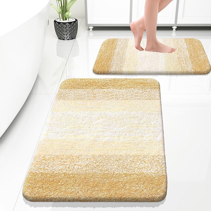 OLANLY Bathroom Rug Set 2 Piece, Soft Absorbent Microfiber Bath Rug Set, Non-Slip, Machine Wash Dry, Plush Shaggy Bath Mats for Bathroom (30"x20"+24"x16", Light Yellow)