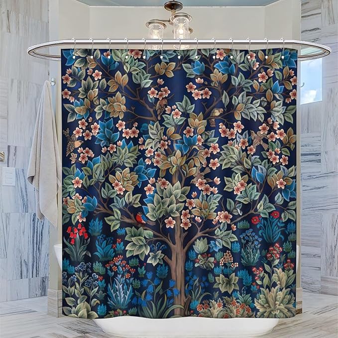 William Morris Floral Shower Curtain,Watercolor Vintage Flower Art Style Shower Curtain Set 72"×84" Inch