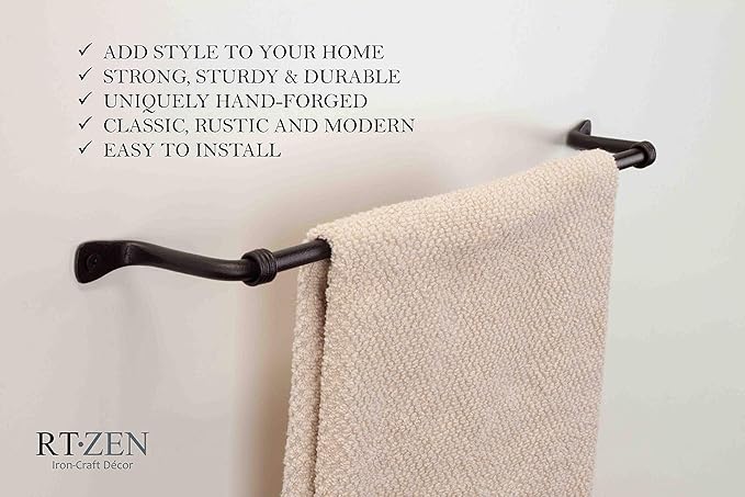 RTZEN Farmehouse Bathroom Towel Holder - Wrought Iron Matte Metal Black Towel Bar Wall Mount Rod - Handmade Home Decor Metal Kitchen Hanger Bar (17'' - Fits 14.5 Inch Towels)