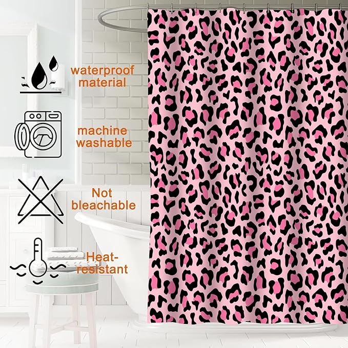 4 PCS Leopard Shower Curtain Cheetah Print Shower Curtain Sets Non Slip Bathroom Rugs Soft Plush Bath Mat Toilet Lid Cover Animal Print Shower Curtains with 12 Hooks for Bathroom Tub, Pink