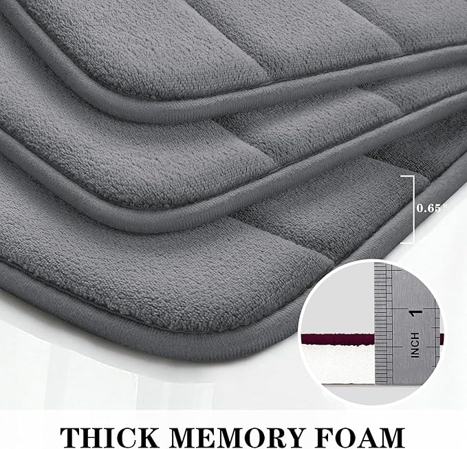 BYSURE Dark Grey Memory Foam Bath Mats, Non Slip Extra Soft Absorbent Machine WashableToilet Bathroom Rug Set 3 Piece (20"x32"+24"x44"+U Shape 20"x24")