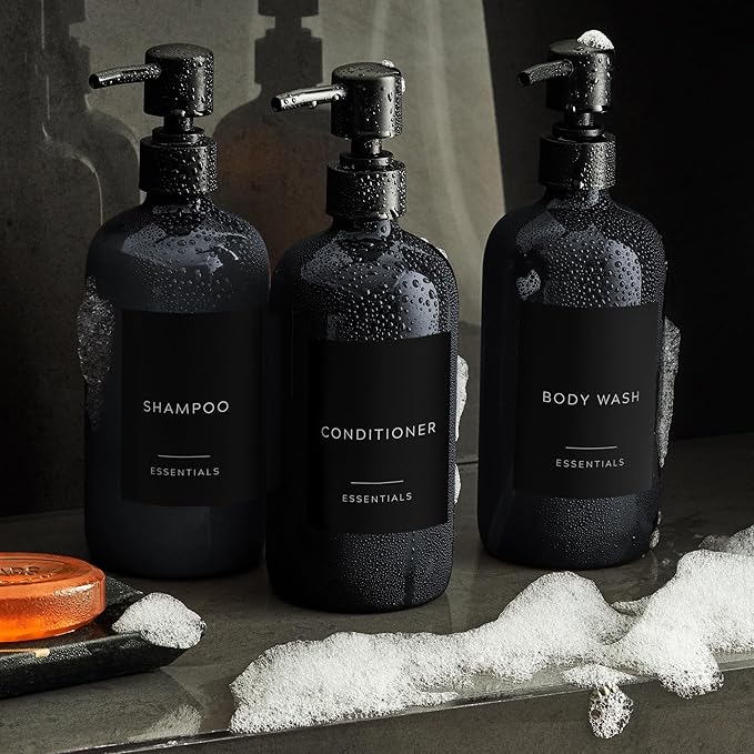 Stylish Shampoo and Conditioner Dispenser Set of 3 - Modern 21oz Shower Soap Bottles with Pump and Labels - Easy to Refill Body Wash Dispensers for an Instant Bathroom Decor Upgrade - Black