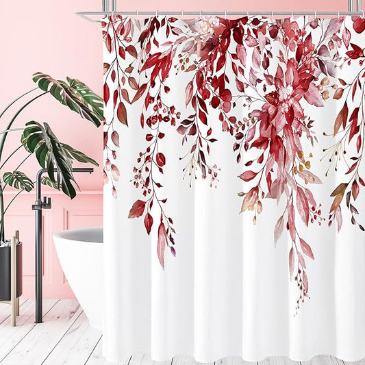 Gibelle Burgundy Red Eucalyptus Shower Curtain, Watercolor Plant Leaves with Floral Bathroom Shower Curtain Set, 72x72