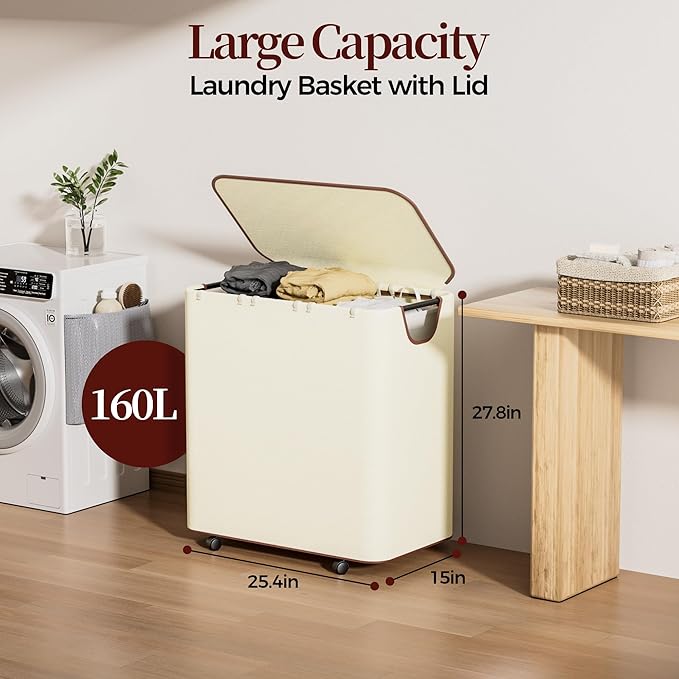 LAMU 160L Laundry Basket with Wheels, Rolling Laundry hamper with Lid and 3 Removable Laundry Bag, Beige Large Capacity 3 Section Dirty Clothes Hampers for Laundry Room, Bedroom, Bathroom, Dorm