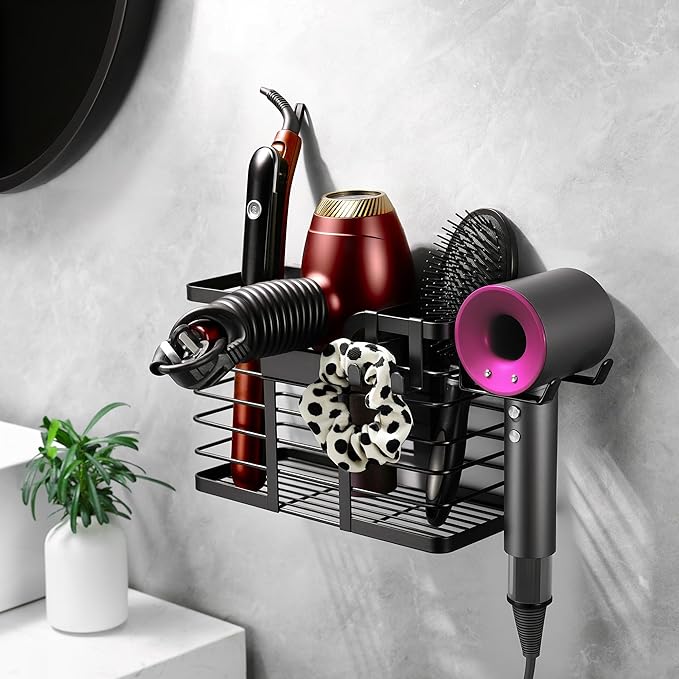 YIGII Hair Dryer Holder, 3 in 1 Hair Tools Organizer Blow Dryer Holder Adjustable Height Cabinet Door/Wall Mounted Bathroom Organizer and Storage for Hair Dryer, Flat Irons, Curing Wands