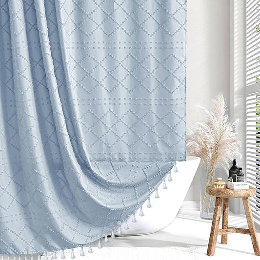 Extra Long Fog Blue Boho Shower Curtain - Woven Fabric, 72 x 84 Tufted Chevron Textured Striped Modern Farmhouse Minimalist Cloth Shower Curtain for Bathroom