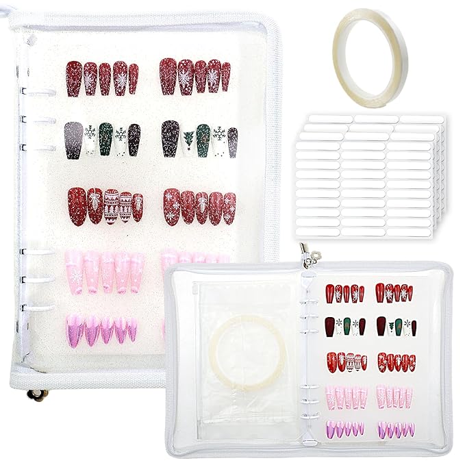 Press On Nail Storage Organizer with 4 Insert Pages - A5 Size Portable False Nail Storage Box for Collecting and Organizing Tips with Tape and Zipper Pocket (White)