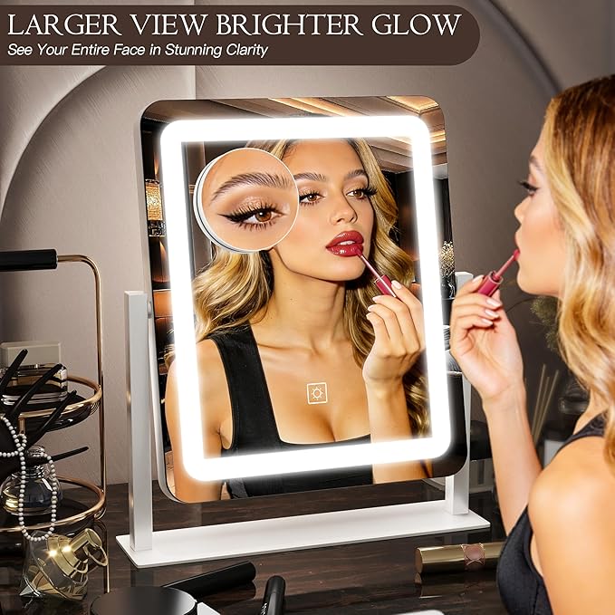 15" x13" Vanity Mirror with Lights, LED Makeup Mirror with Lights,10X Magnification Vanity Mirror with 360°Rotation, 3 Color Modes ＆ Dimmable Lighted Mirror Makeup for Desk, Travel, White