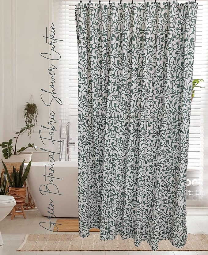 Farmhouse Green Floral Shower Curtain - 72x72 Inches, Cotton Blend Fabric, Breathable & Washable, for Bathroom Decor (Hooks/Liner Not Included)
