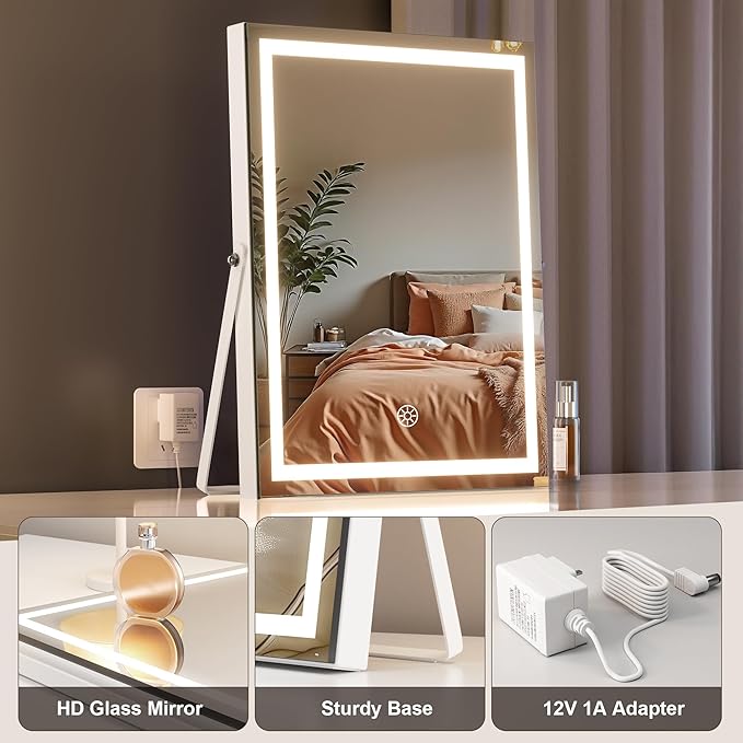 MINISO LED Makeup Mirror with Bluetooth Speaker, 10.6" x 13.8" Lighted Vanity Mirror, Light & Brightness Smart Sensor, Aluminum Alloy Metal White Frame, with 10X Magnifying Glass