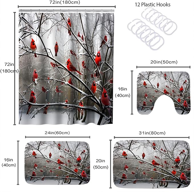 Forest Tree Cute Cardinal Birds on Branch Bathroom Sets with Shower Curtain 72Wx72H and Rugs and Accessories Decor with Bath Mat, U-Shaped Contour Velvet Washable 20 x 31 inches Red White and Brown
