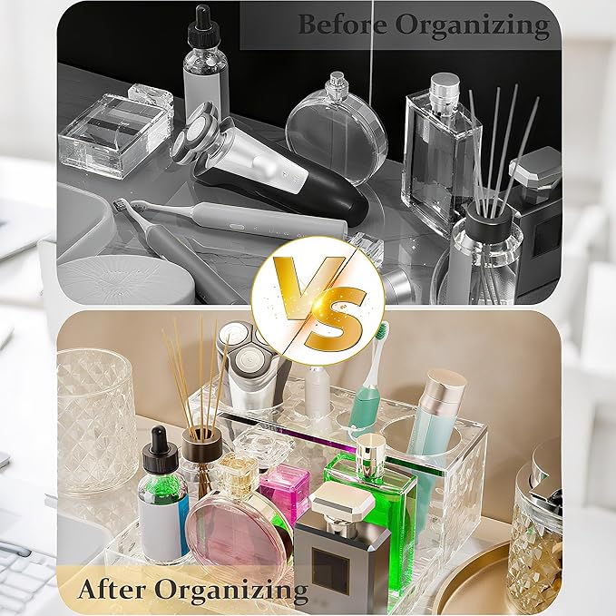 Glass Bathroom Accessories Set 5Pcs Crystal - Foaming Soap Dispenser, Soap Dish, Cup, Acrylic Toothbrush Holder with Tray Organizer, Qtip Jar, Bathroom Counter Set Sink Decor (Clear)