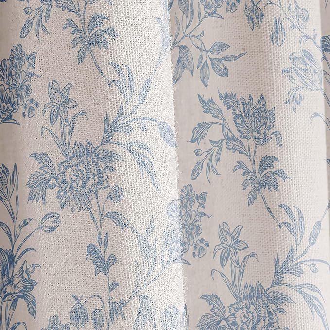 Blue Shower Curtain Floral Cotton Linen Cottagecore Shower Curtain for Bathroom 72" W x 72" L