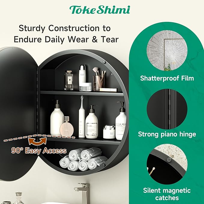TokeShimi 26 x 26 Round Medicine Cabinet with Mirror, Brushed Nickel Circular Bathroom Medicine Cabinet with Stainless Steel Metal Frame, Detachable Shelves, Shatterproof, Wall Mounted Only