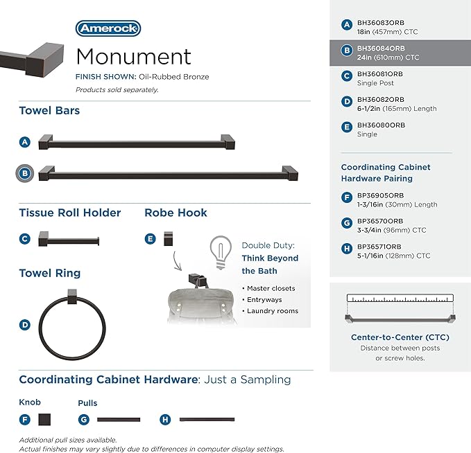 Amerock BH36084ORB | Oil Rubbed Bronze Towel Bar | 24 in (610 mm) Towel Rack | Monument | Bathroom Towel Holder | Bathroom Hardware | Bath Accessories