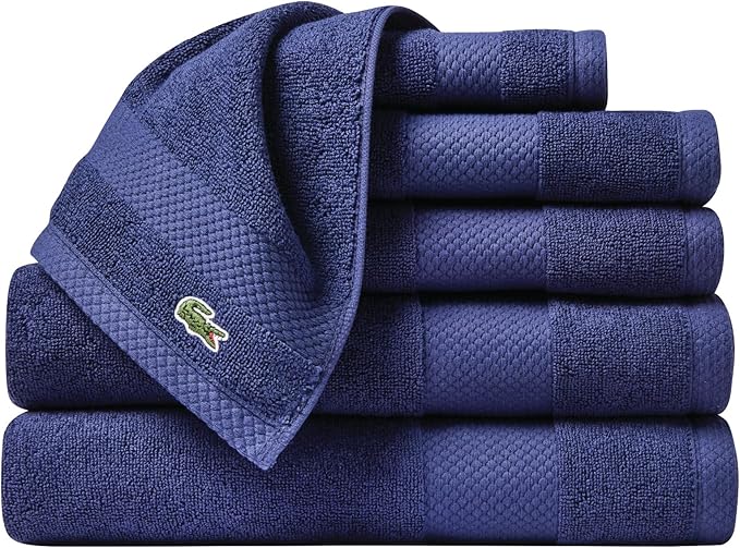 Lacoste Heritage Anti-Microbial Supima Cotton 6-Piece Towel Set, 2 Bath Towels, 2 Hand Towels, 2 Washcloths, Navy – Highly Absorbent & Quick Drying, Bathroom Essential, Machine Washable