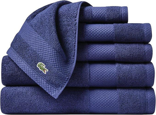 Lacoste Heritage Anti-Microbial Supima Cotton 6-Piece Towel Set, 2 Bath Towels, 2 Hand Towels, 2 Washcloths, Navy – Highly Absorbent & Quick Drying, Bathroom Essential, Machine Washable