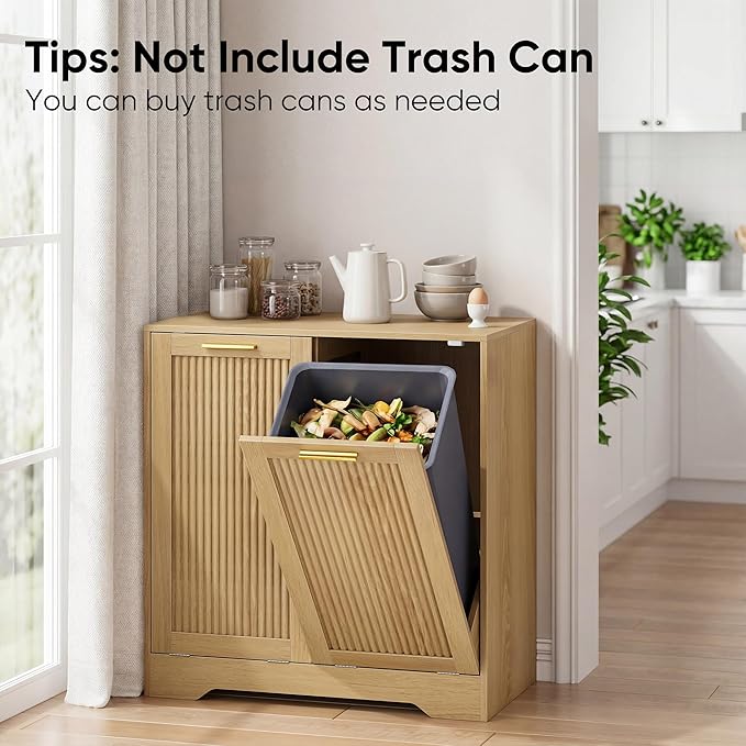Smuxee Double Tilt Out Laundry Hamper Cabinet, Hidden Laundry Cabinet with Double Baskets, Natural Trash Can with Small Fluted Doors for Bathroom, Kitchen