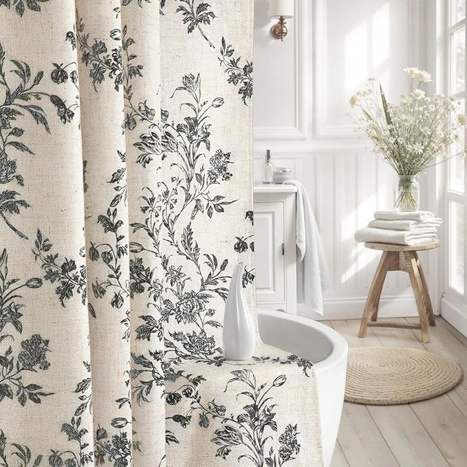 Black Floral Shower Curtain,Vintage Linen Beige Cottagecore Shower Curtains for Bathroom, 72" W x 72" L