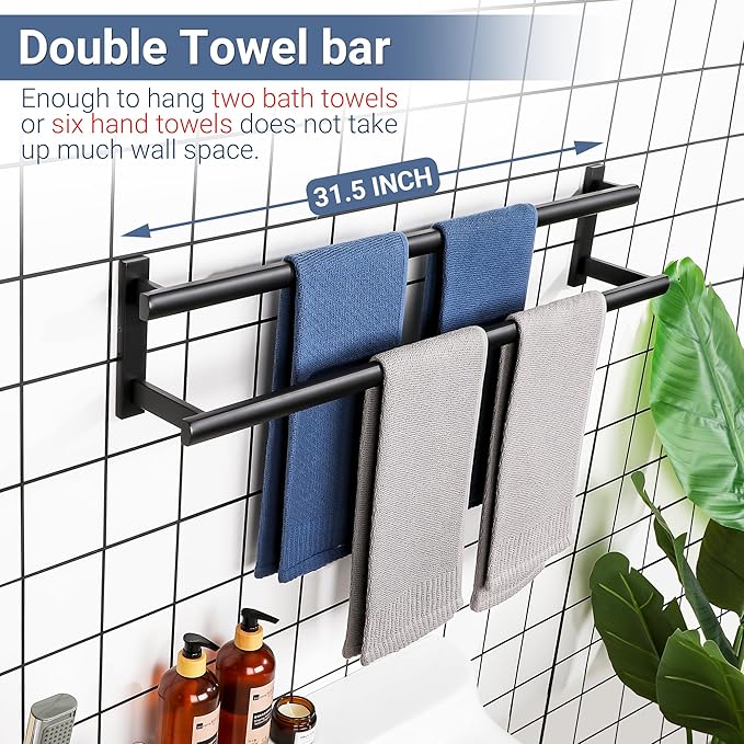 SAYAYO Double Towel Bar for Bathroom, 31.5 Inch Matte Black Bath Towel Rack Towel Holder Wall Mounted, SUS304 Stainless Steel