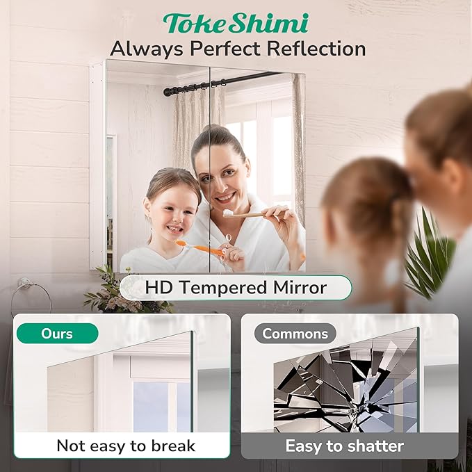 TokeShimi 64x32 Bathroom Medicine Cabinet with Mirror Tempered, Aluminum White Mirrored Medicine Cabinet Recessed or Surface Mount with Adjustable Storage Metal for Modern Farmhouse