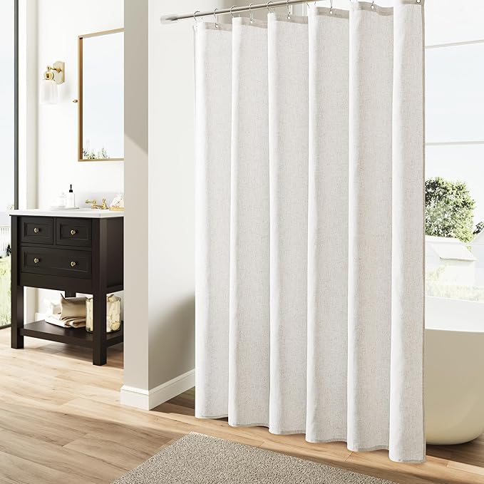 Naturoom Natural Linen Shower Curtain, Country Boho Farmhouse Bath Decor Shower Curtains Neutral Cloth Weighted Textured Fabric Bath Curtain Liner with Hooks, Beige White, 72x84