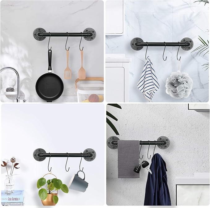 Industrial Pipe Towel Rack Towel Bar, Heavy Duty Wall Mounted Rustic Farmhouse Bath Towel Holder for Bathroom (Black, 12 inch)