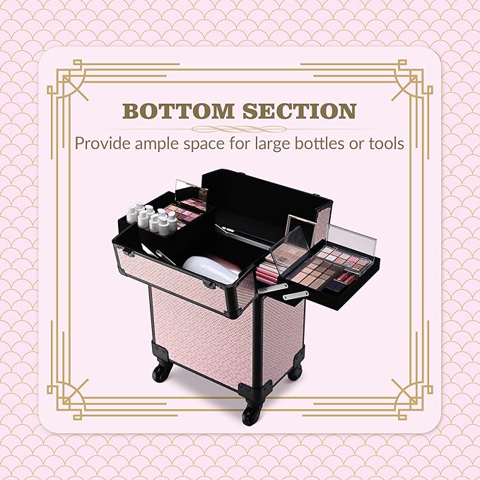 BYOOTIQUE Rolling Makeup Case on Wheels Travel Suitcase Salon Art Deco Bloom