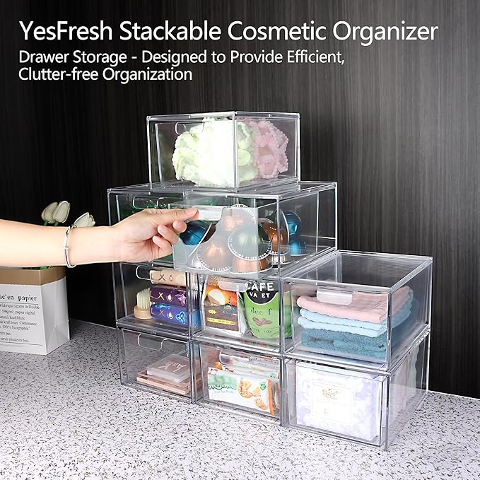 Yes!Fresh Drawer Organizer Stackable Cosmetic Desk Organizer with Removable Interior Partitions for Vanity Organization and Storage,Clear Bathroom Organizer (2)