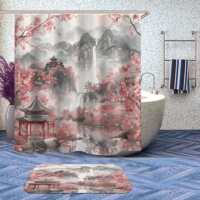 Watercolor Cherry Blossom Shower Curtain Set with Non-Slip Rugs, Toilet Lid Cover and Bath Mat, Chinese Landscape Ink Painting Bathroom Shower Curtain with 12 Hooks Accessories Decorative