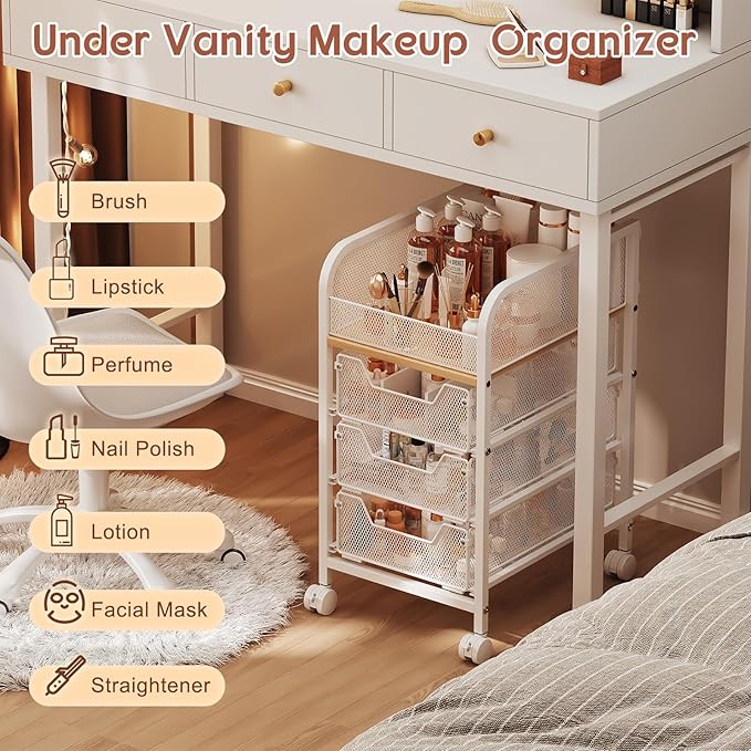 Rolling Makeup Cart Organizer with 3 Drawers, Narrow Floor Skincare Organizers, Cosmetics Display Cases Vanity Organizer for Skin Care Nail Polish Perfume Makeup Brush, White