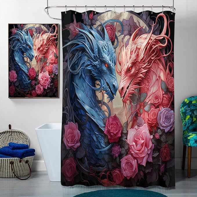 4 Pcs Dragon Bathroom Shower Curtain Set with Rugs,Toilet Lid Cover, Bath Mat, Fantasy Magical Pink Dragon Red Rose Shower Curtain with 12 Hooks, Durable Bathroom Decor Set