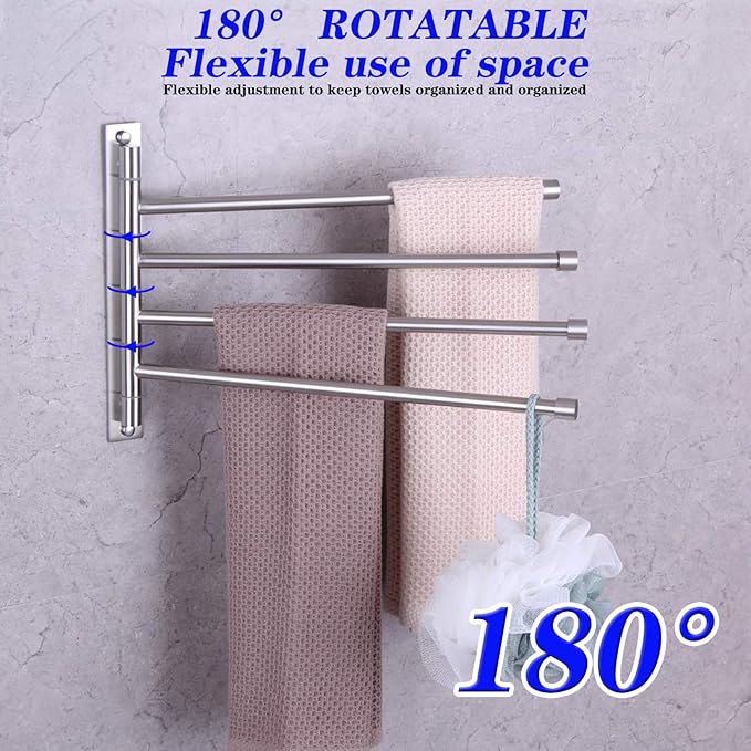 GERZWY Swivel Towel Bar SUS 304 Stainless Steel 4-Arm Bathroom Swing Hanger Towel Rack Holder Storage Organizer Space Saving Wall Mount Brushed Finish HYG04-LS