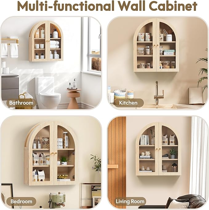 Wall Bathroom Cabinet with Glass Doors, Wood Medicine Cabinet with Adjustable Shelf, Arched Hanging Cabinet for Bathroom, Livingroom, Kitchen (Natural)