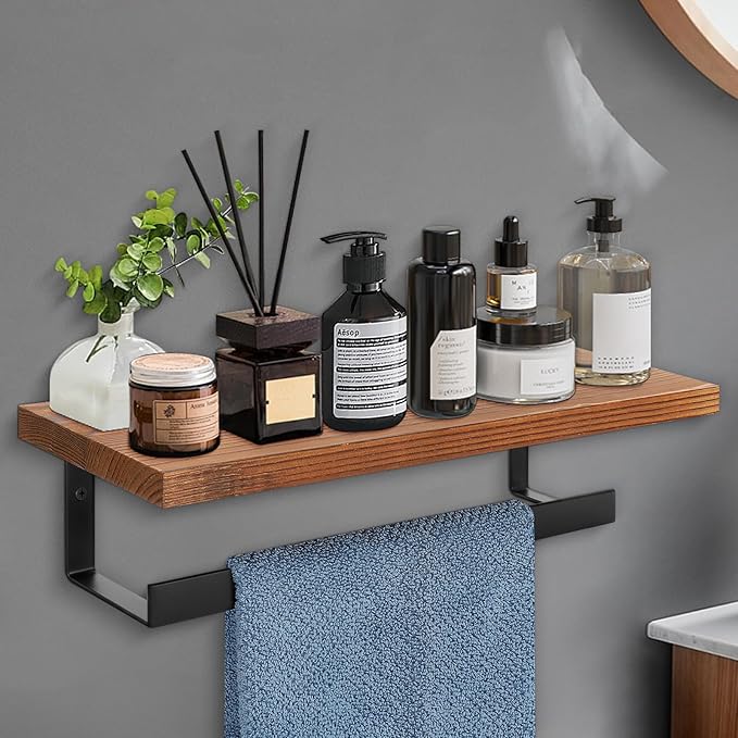 Hand Towel Holder/Towel Ring with Wooden Shelf, Hand Towel Rack, Hand Towel Hanger for Bathroom, Bath Accessories Wall Mounted, Matte Black (12"-Squ Shaped)