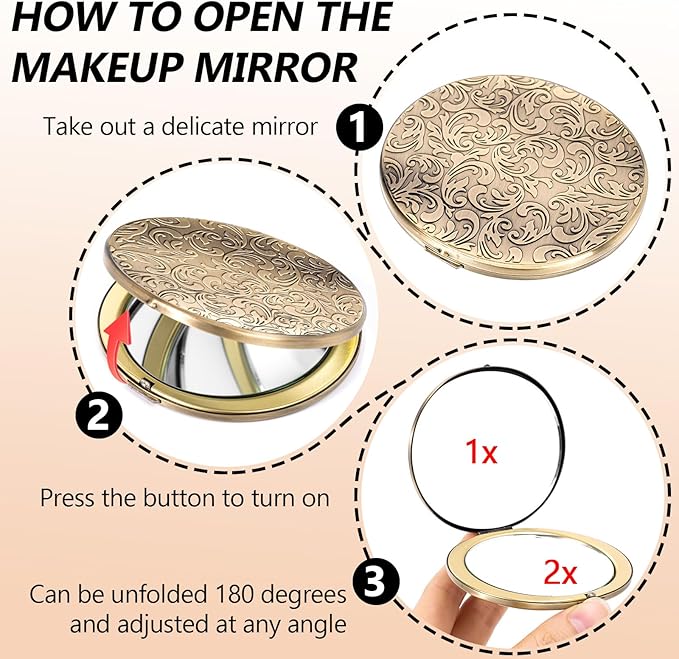 Oval Mini Portable Metal Folding Mirror, Beautiful and Elegant, Sturdy and Durable, 1X/2X Magnifier. (Oval Pattern Bronze)