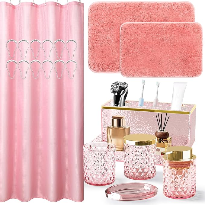 Pink Bathroom Accessories Set - 20PCS Glass Bathroom Set with Shower Curtain and Rugs, Soap Dispenser, Soap Dish, Cup, Qtip Jar, Toothbrush Holder, Stylish & Functional Bath Decor for Home, Apartment