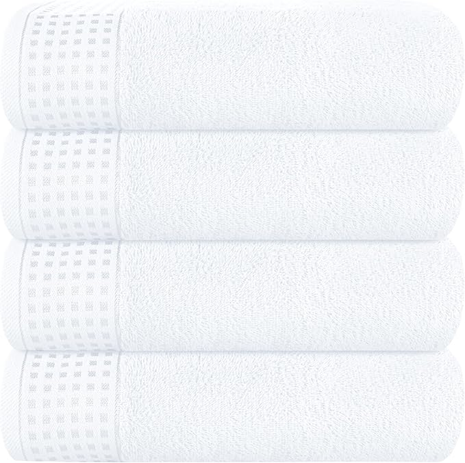 GLAMBURG Ultra Soft 4 Pack Oversized Bath Towel Set 27x54 inches, 100% Cotton Bath Towels, Highly Absorbant Compact Quickdry & Lightweight Towel, Ideal for Gym Travel Camp Pool - White