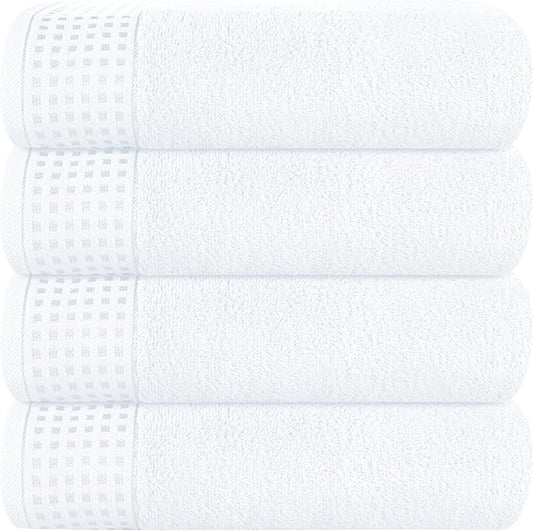 GLAMBURG Ultra Soft 4 Pack Oversized Bath Towel Set 27x54 inches, 100% Cotton Bath Towels, Highly Absorbant Compact Quickdry & Lightweight Towel, Ideal for Gym Travel Camp Pool - White